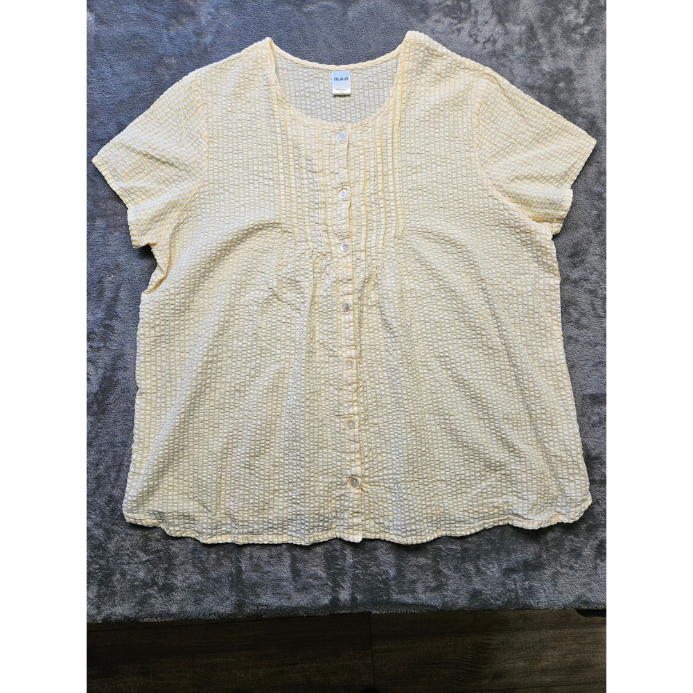 Blair Womens 2XL Yellow White Seersucker Stripe Cotton Button Front Blouse Top - Picture 1 of 7